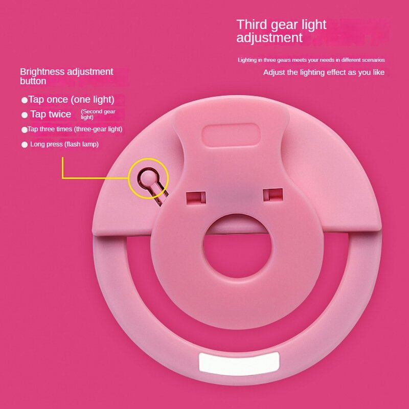 Clip recargable Round Selfie Light para teléfono, 65000K, 3 modos de luz ajustados, Selfie Video Fill Light para transmisión en vivo, USB
