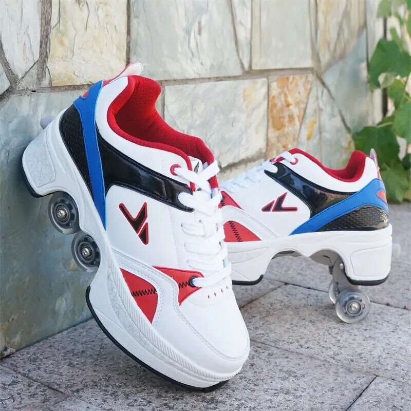 Pu Leather Four-Wheel Roller Skate Shoes Casual Deformation Parkour Sneakers For Rounds Adult Kids Of Running Sport Shoes