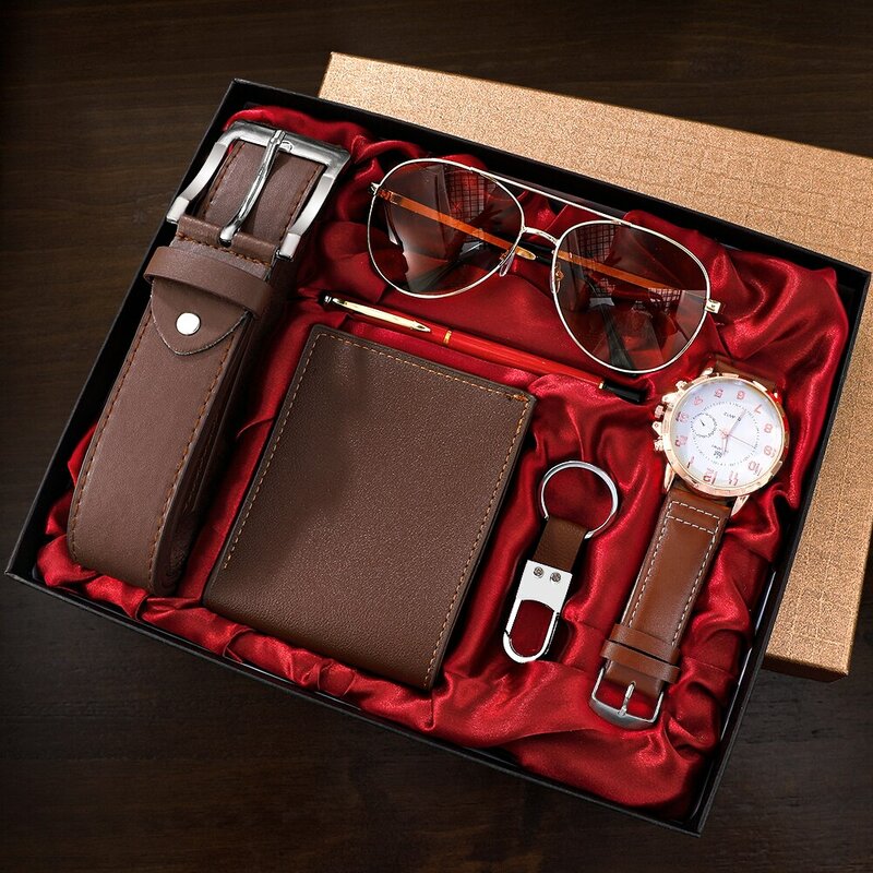 Men Gift Box Watch Business Luxury Company Mens Set Watch Glasses Pen Keychain Belt Purse Welcome Holiday Birthday