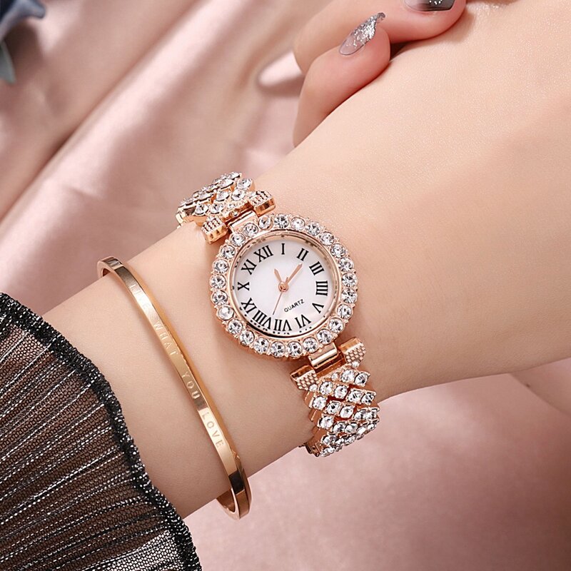 Montre-bracelet de luxe dorée pour femme, fleurs, quartz, diamant, élégant, femme, mode, dames, ensemble de 2 pièces