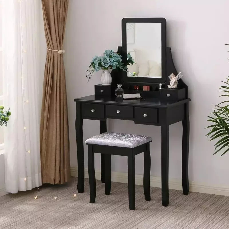 Drawer Table with Mirror & Cushioned Stool Dressing Table 5Drawers 2 Dividers Vanity Desk