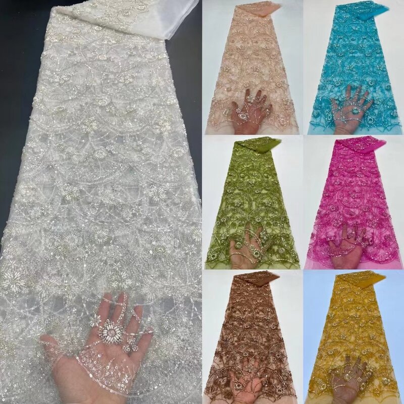 Tecido de renda frisado à mão de luxo, tecido nupcial, tecidos franceses, nigeriano, lantejoulas bordadas, miçangas para casamento, high-end, 2024
