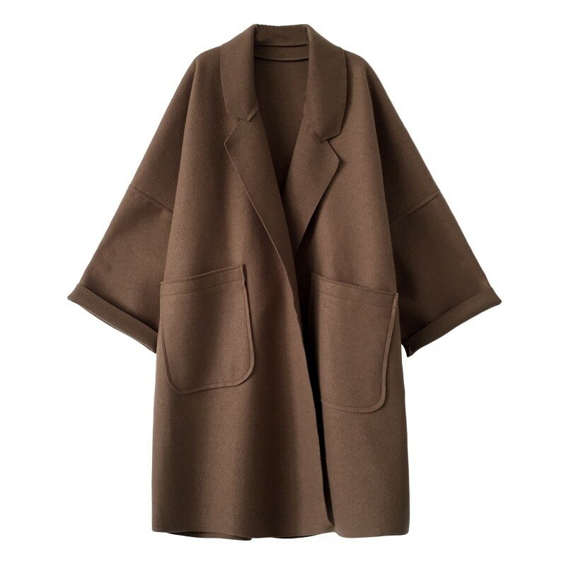 Elegante Wollen Trenchcoat Winter Voor Vrouwen Vintage Windbreakers Jacket Mid-Lengte Losse Turn-Down Kraag Plus Size 4XL Vest