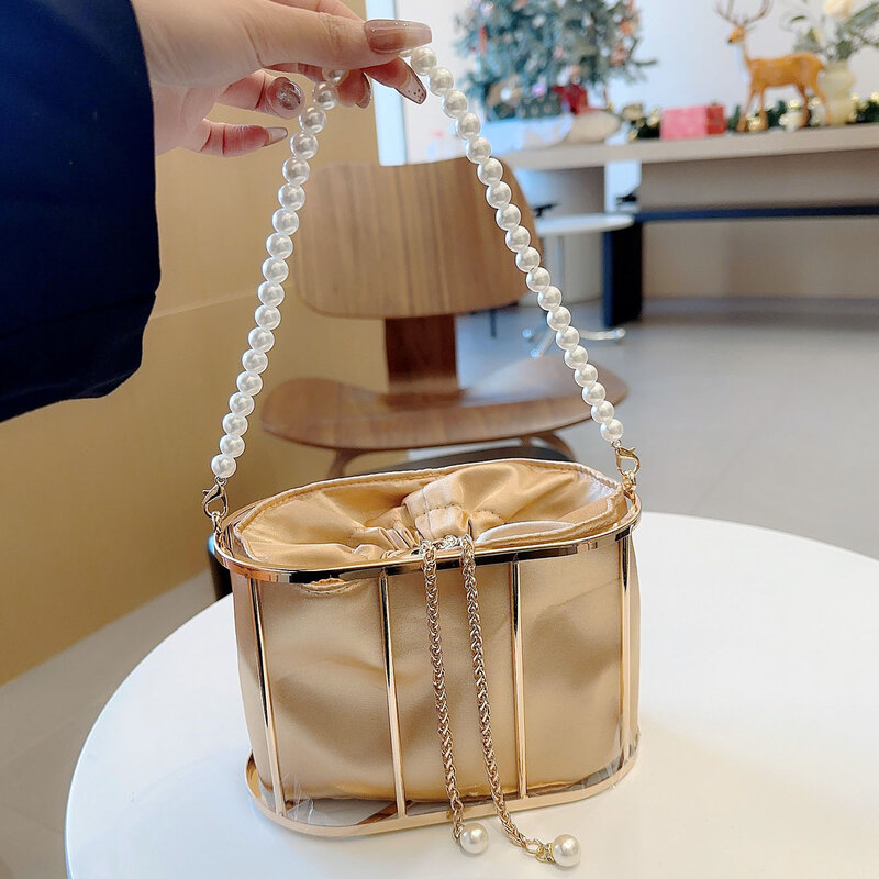 Perłowy kosz wydrążony wiadro torba wieczorowa kobiet 2024 luksusowy projektant ręcznie robiony metaliczny damska kopertówka torba na ramię Crossbody