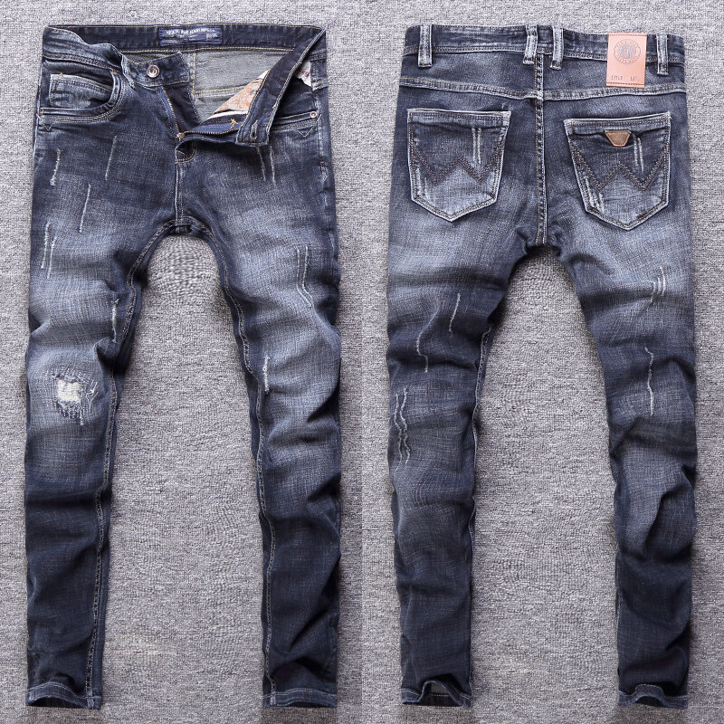 Italiaanse Designer Fashion Mannen Jeans Retro Blauw Stretch Slim Fit Ripped Jeans Mannen Broek Vintage Casual Denim Broek Hombre