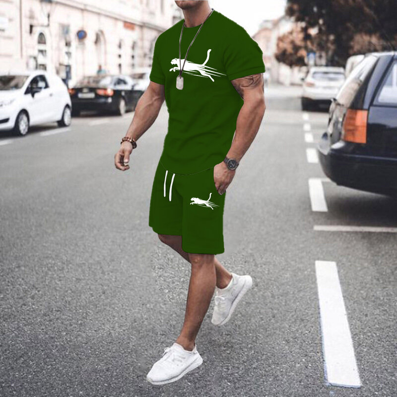 Setelan kaos celana pendek pria, musim panas populer setelan olahraga cetak kasual modis lengan pendek T-shirt Set jogging pria
