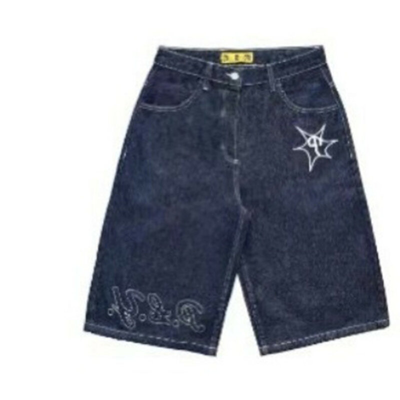 Celana pendek denim motif Y2k, celana pendek lurus longgar kasual, celana denim motif Y2k mode hip-hop musim panas untuk pria