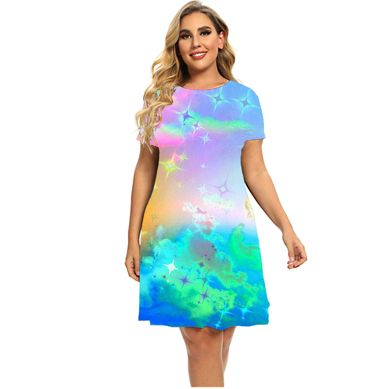 Stars And Moon Gradient Rainbow Women Dress Fashion Sweet Short Sleeve O-Neck Party A-Line Dress 2023 Summer Plus Size Dresses