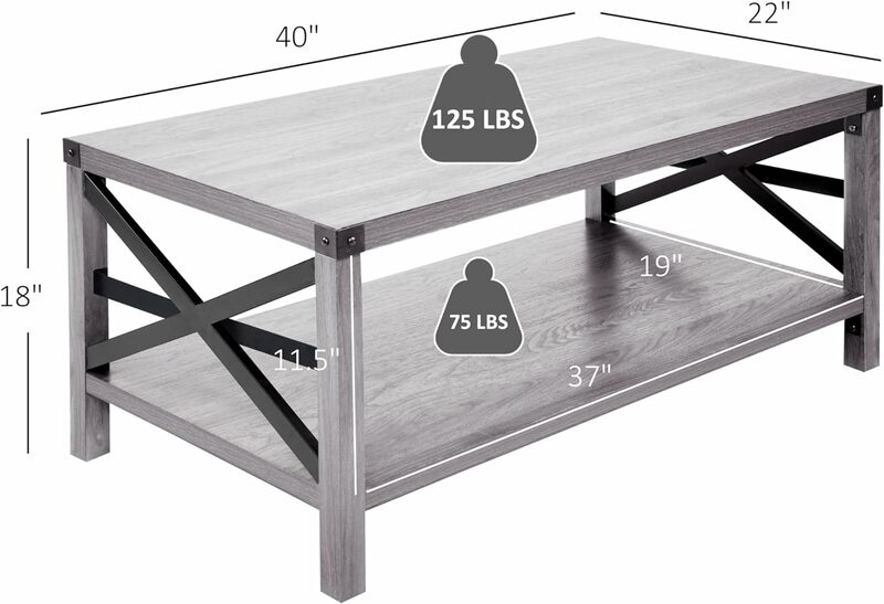 Table basse d'angle confortable avec étagère de rangement, table centrale de cocktail d'accent industriel de ferme pour salon, gris clair