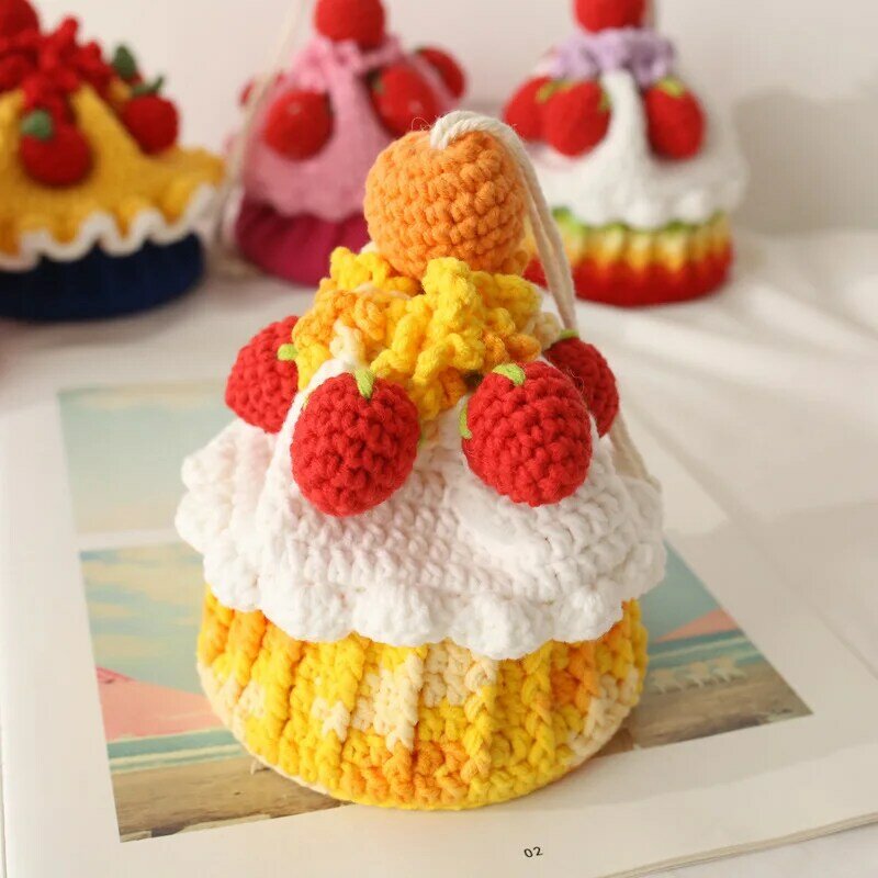 子供用クロスボディウーブンバッグ、ウールかぎ針編みバッグ、未完成の手編みバッグ、ケーキの形