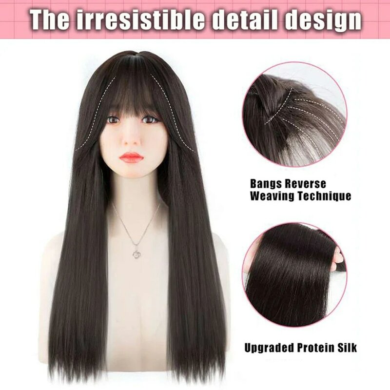 ALXNAN długa prosta syntetyczna peruka z grzywką peruki czarne włosy dla kobiet Cosplay naturalne włosy peruki imprezowe odporne na ciepło