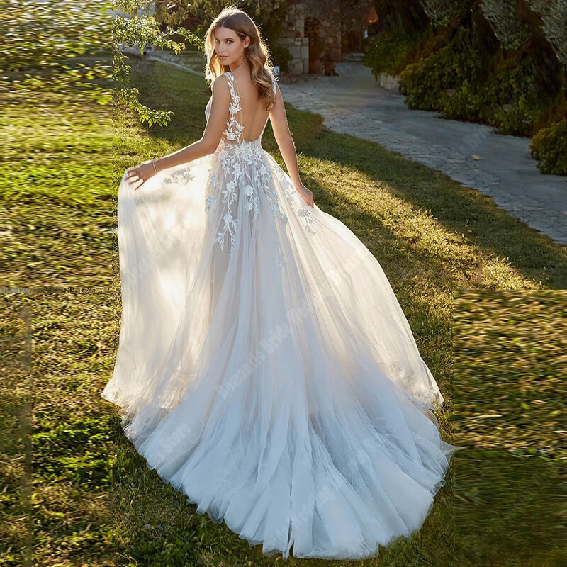 Bright V-Neck Tulle Surface Wedding Dresses Lace Appliqued Sleeveless Bridal Gowns Newset Sexy Robes A-Line Vestidos De Novias