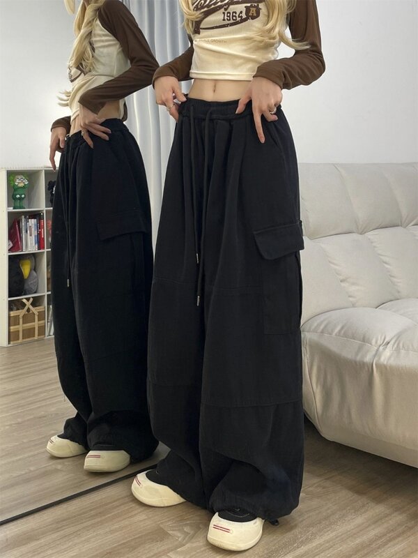 HOUZHOU-Calças femininas largas vintage, calças grandes, moletom Y2K com cordão, bolso de cintura alta, patchwork, perna larga