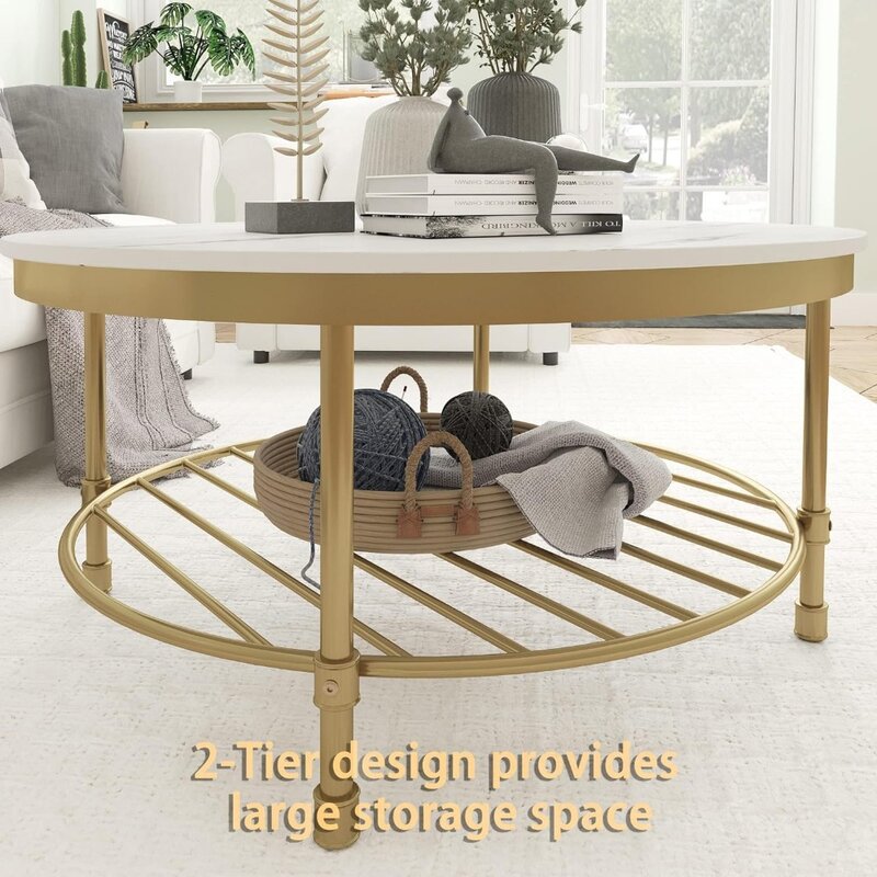 Round Coffee Table for Living Room 2-Tier Modern Coffee Table With Open Storage Shelf Wooden Tabletop Mid Century Modern Tables