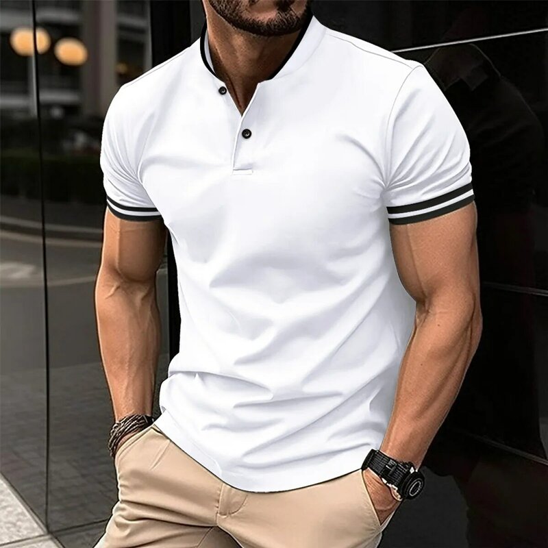 Kaus Polo pria lengan pendek, pakaian kantor kaus kerah berdiri kasual pria musim panas