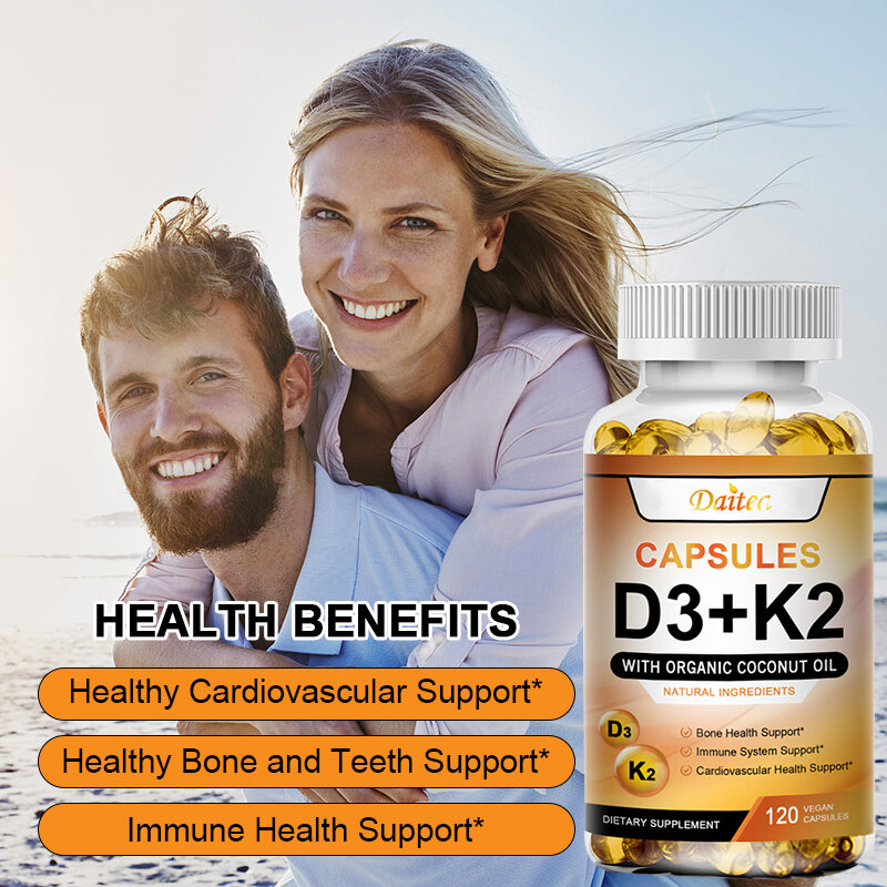 Gli integratori vitaminici K2 + D3 supportano la densità ossea, i denti e la pelle, la salute del cuore e supportano l'immunità.