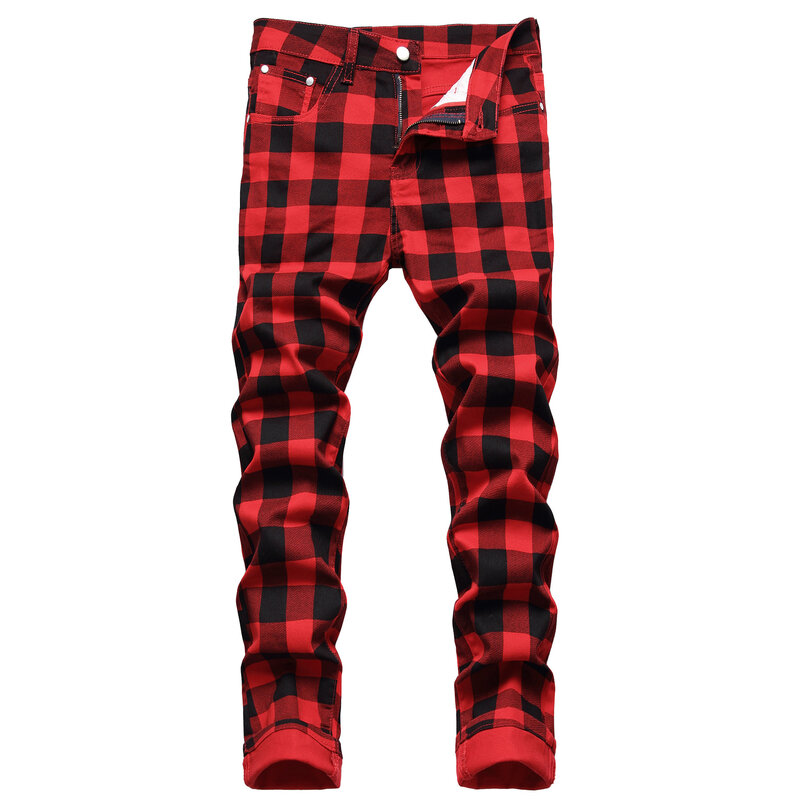 Y2k Herbst neue Herren Slim Fit Plaid bedruckte Hip Hop Streetwear Harajuku rote Jeans Mode Stretch Cargo Denim Hose Ropa Hombres