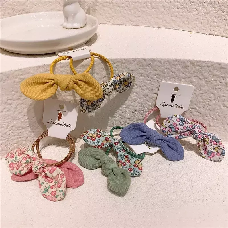 New Nordic Style Sweet Girl Floral Cherry Fabric Rabbit Ears Hair Rope Children's Ponytail Rubber Band Hair Accessories