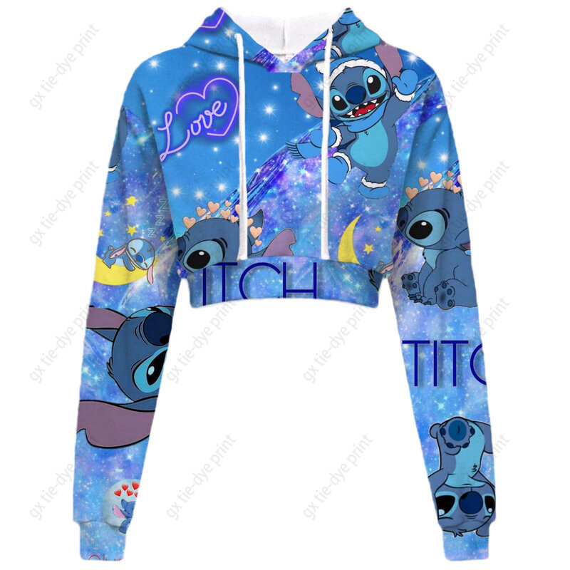 Damskie Disney Stitch bluzy z kapturem z nadrukami jesienne smukłe bluzy z kapturem damskie krótki pulower bluzki Streetwear Y2K