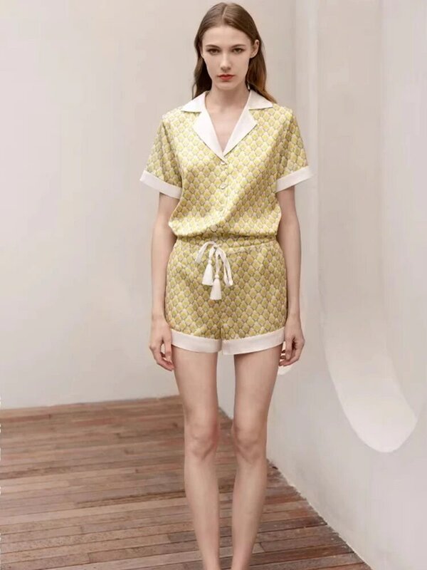 Birdtree-100 % Conjunto de pijama de seda real para mulheres, treliça geométrica, lapela de manga curta, doce conforto loungewear, verão, S41453QD