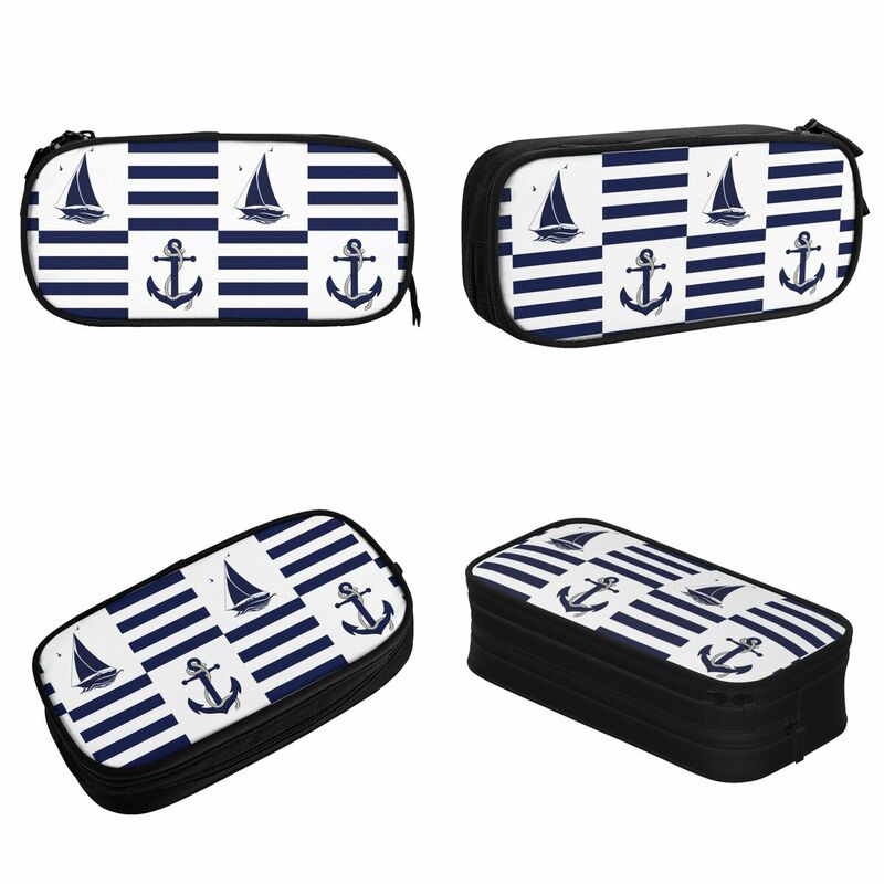 Nautical Navy Anchor Sailboat Navy Blue Stripe Pencil Cases Pencilcases Pen Box for Student Bag School Supplies Gifts Stationery