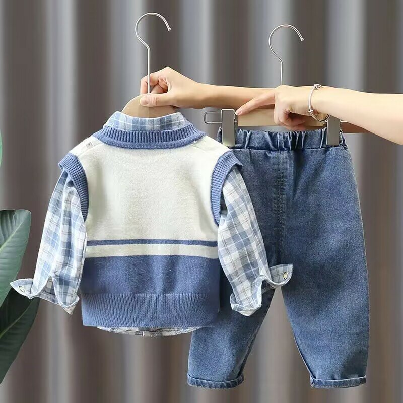 Wiosenna i zestaw ubrań na jesień dziecięca nowa koszula z długim rękawem dla chłopców kamizelka Jeans 3-częściowa zestaw zwykłej odzieży niemowlęca