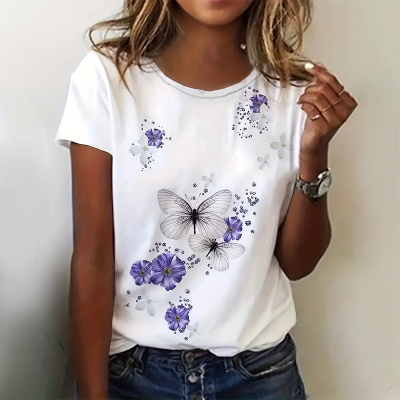 Camiseta casual de manga curta feminina, gola redonda, borboleta estampada, blusa de grandes dimensões, respirável, novo, 2024