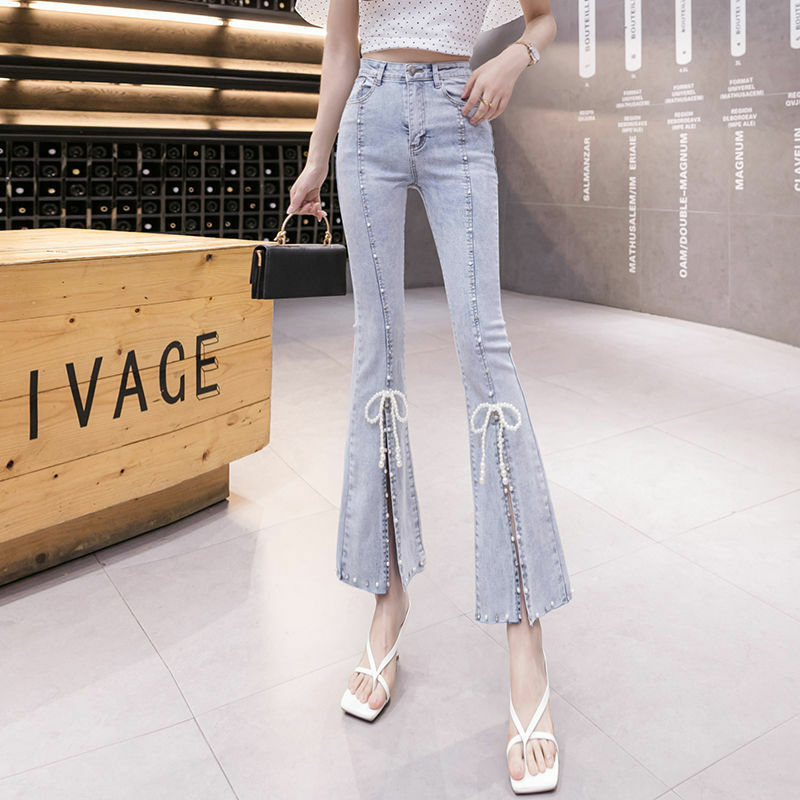 Spring New Bow Slim Fit Flare Split Jeans Women Casual Wash Fashion High Waist Snowflake Beading Light Blue Denim Cropped Pants