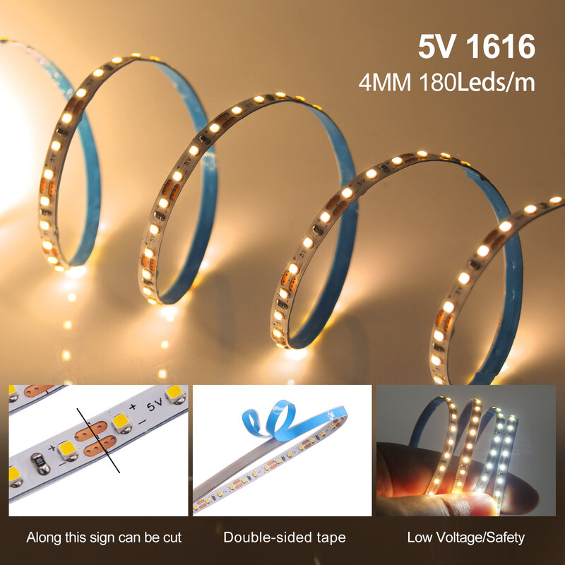 Bande lumineuse LED flexible pour décoration de cuisine, ruban à diodes, blanc chaud et blanc, DC5V, SMD1616, 180LED par m, 4mm