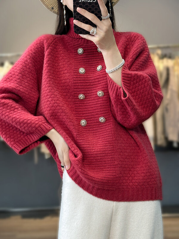 Dicker Roll kragen pullover im Herbst und Winter, 100 reine Pullover, Neun-Punkt-Ärmel für Damen, Pullover, locker und faul und modisch
