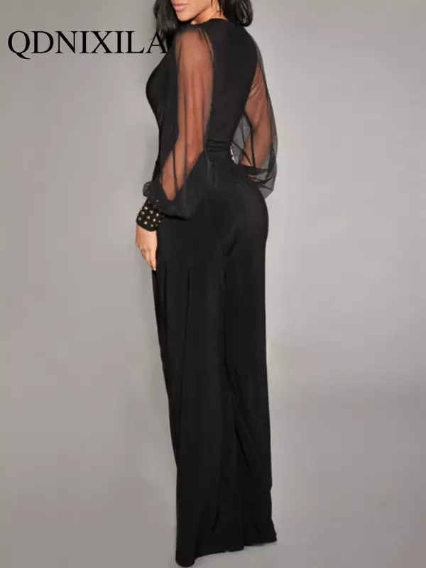 New in Spring Summer Black V-neck Mesh Splicing Straight One-piece Pants Jumpsuits Sexy Streetwear Black Jumpsuit Women Jumpsuit