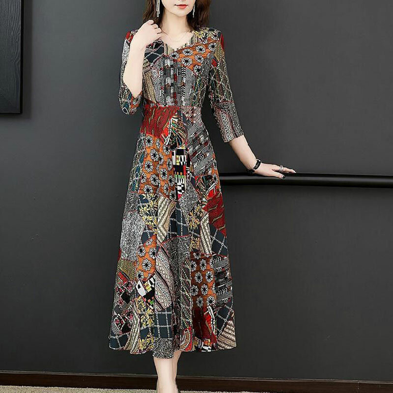 Elegancka sukienka Midi z dekoltem w serek w stylu ludowym w stylu Vintage damska odzież 3/4 rękaw wiosna lato w pasie w pasie