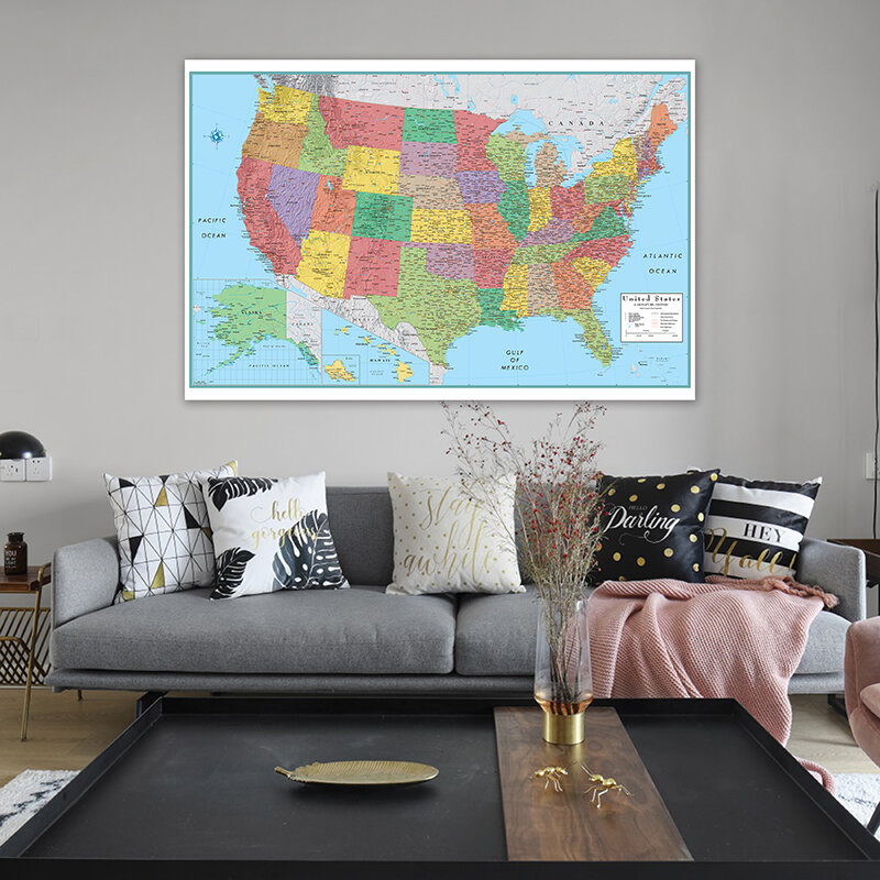 150*100Cm Peta Administrasi Amerika Serikat Dinding Dekoratif Kanvas Lukisan Seni Poster dan Cetakan Kelas Perlengkapan Ruang Dekorasi Rumah
