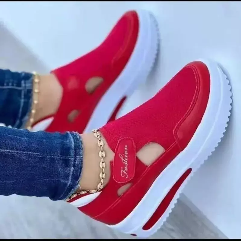 Sapatos casuais vermelhos para mulheres, sandálias de malha respirável, sapatos vulcanizados, sapatilhas plataforma, marca de moda, tênis novos, verão