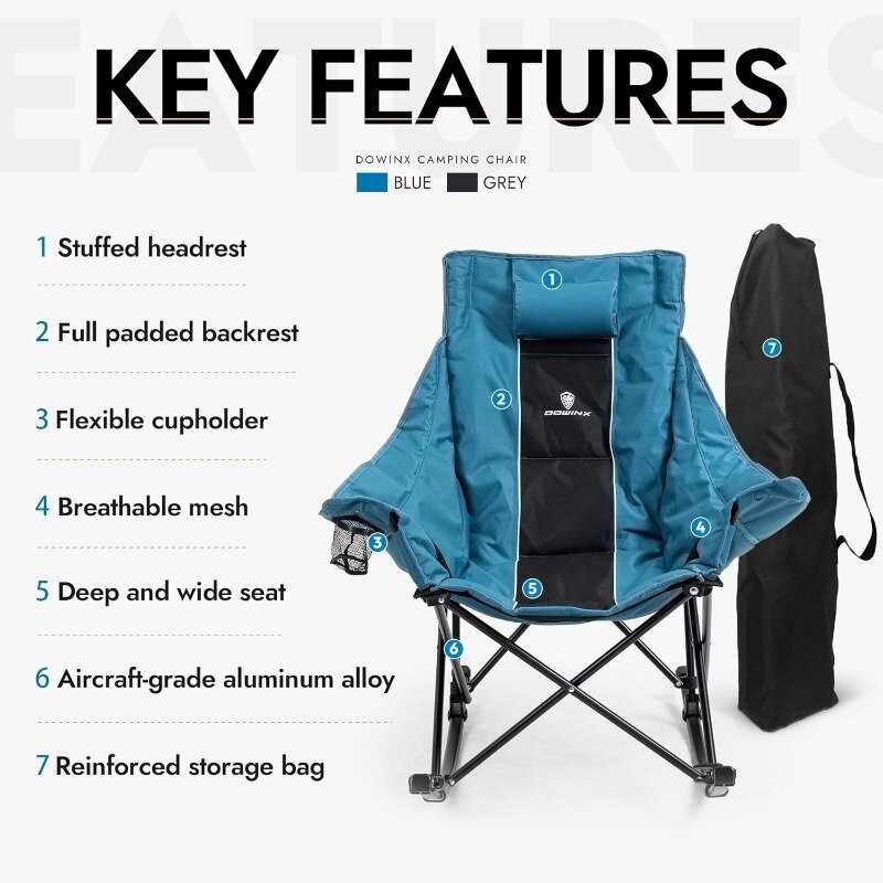 DOWINX-Chaise de Camping à Bascule Respirante, Chaise Entièrement Rembourrée avec Poche Latérale et Sac de Transport, Pelouse Portable à Dossier Haut