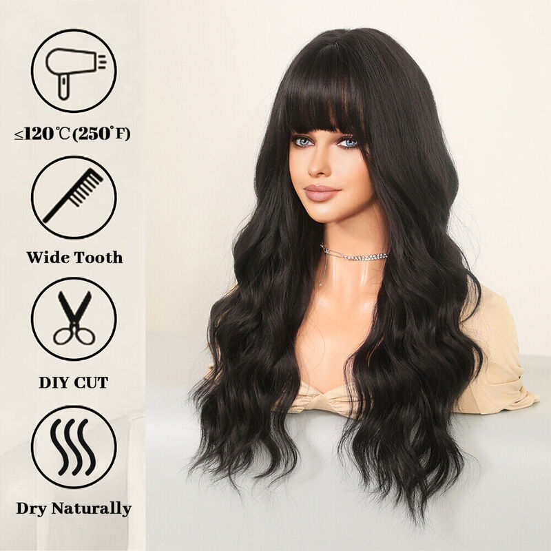 Dress Up Wig With Bangs Heat Resistant Hair Long Wavy Natural black