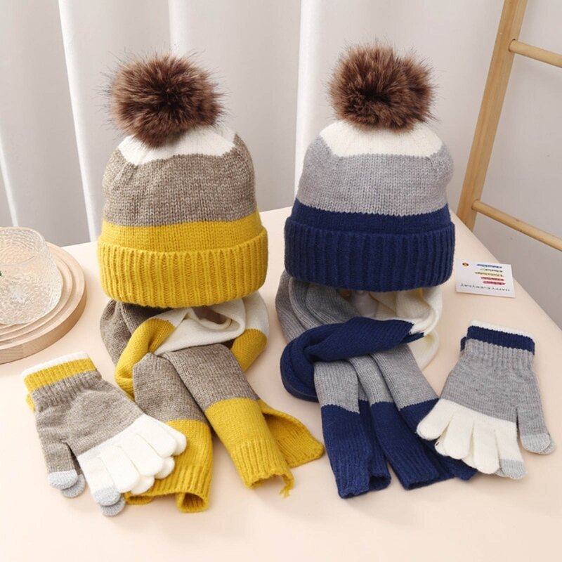 chapeau, écharpe et gants pour enfants, chapeau Pom Pom d'hiver avec gants et écharpe, bonnet tricoté chaud, chapeaux