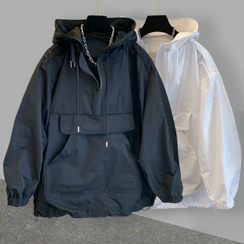 Moletom masculino de manga comprida com capuz, jaqueta Windproof extragrande, bolso grande, moda casual, preto, branco, unissex, verão