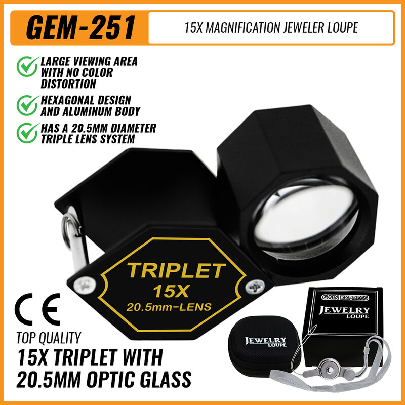 15X Vergroting Sieraden Loupe Vergrootglas 20,5mm Drievoudige Lens Zwart Frame Metaal (Aluminium) Lichaam en Zeshoekig Ontwerp