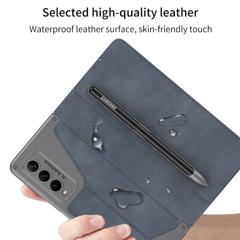 Kickstand Leather Case For Samsung Galaxy Z Fold 4 5G With S Pen Slot Removable Armor With Card Clip Coque Funda Folding Stand