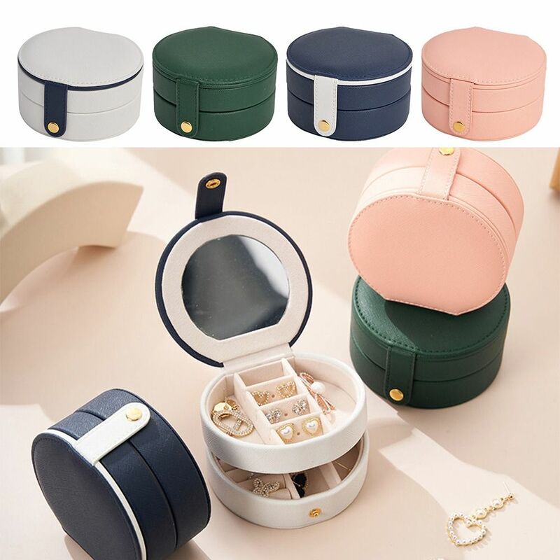 Round Ornaments Holder Portable PU Leather Necklace Earrings Rings Display Case Jewelry Storage Box Jewelry Organizer