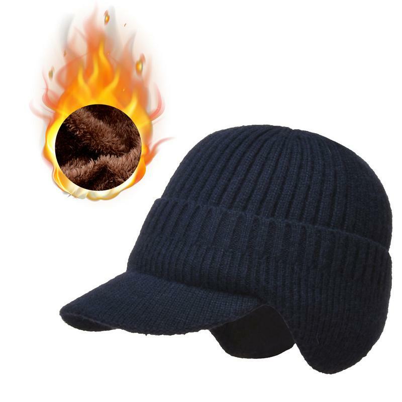 Chapéu grosso de malha masculino com viseira, gorro, chapéu Earflap, malha, chapéu de jornaleiro, quente, inverno