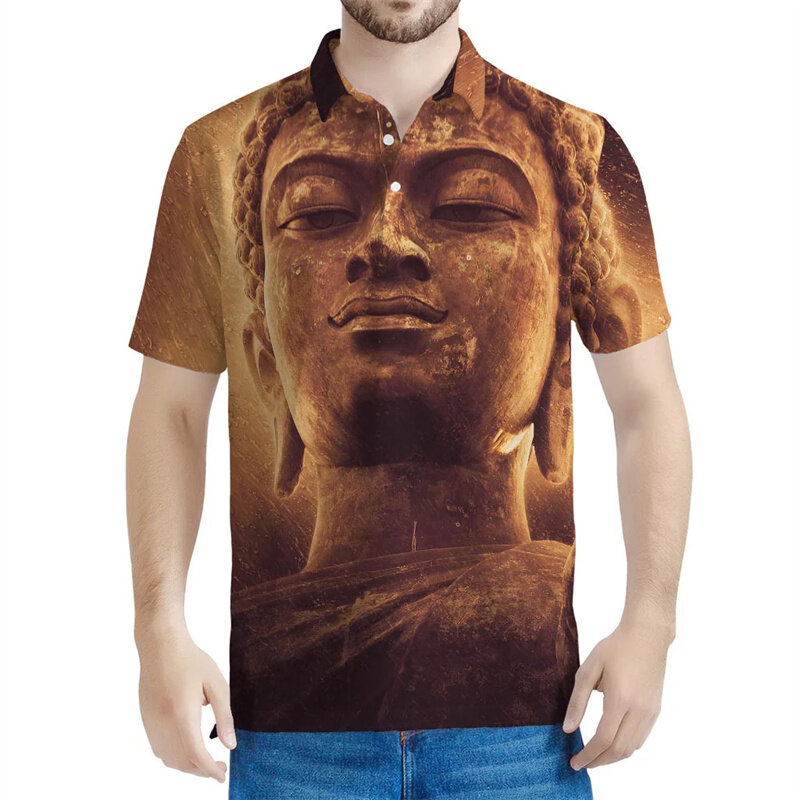 Polo con estampado 3D de estatuas budistas para hombre, camiseta de manga corta con solapa de calle, camisetas sueltas con botones de verano
