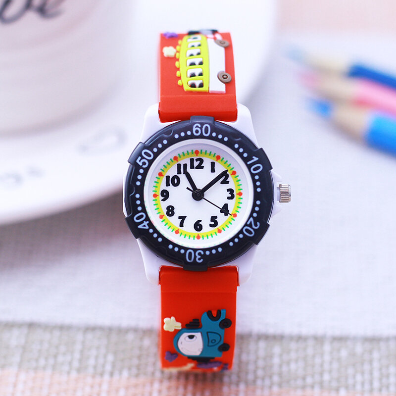 นาฬิกาควอตซ์หน้าปัดหมุนได้สำหรับเด็กเด็กหญิงเด็กชายนักเรียนหน้าปัดตัวการ์ตูนสุดเท่ใหม่