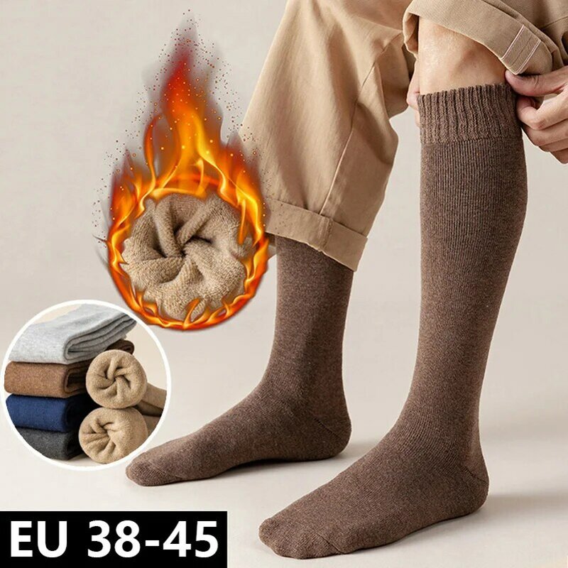 Kaus kaki wol tebal pria, Kaos Kaki Panjang Musim Dingin EU38-45, handuk kompresi termal, kaus kaki tinggi nyaman hangat, kaus kaki salju betis