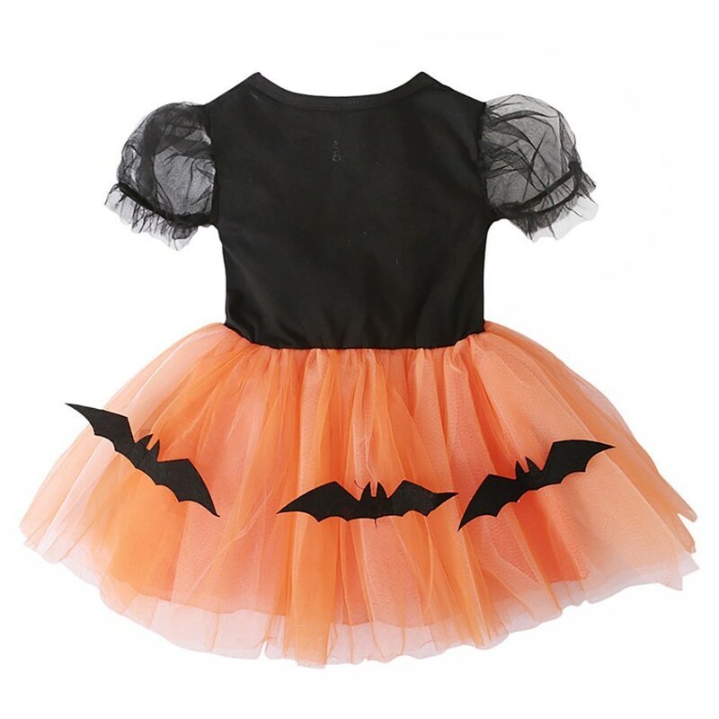 Ropa de Halloween de manga corta para niños y niñas, vestido mullido de malla multicapa con estampado de murciélago de calabaza, vestidos de cosplay para niños
