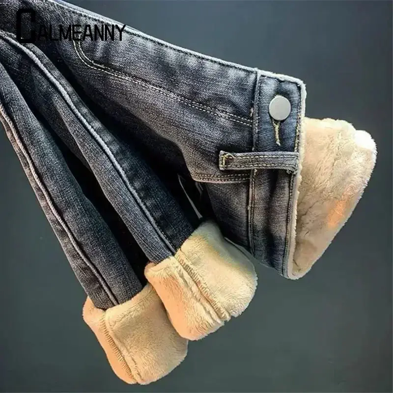 سروال جينز نسائي نحيل ، سروال دينم ، بنطلون فضفاض ، سميك ، دافئ ، صوف ، خصر عالي ، نمط متعدد الاستخدامات ، جديد ، نمط شتوي ، 2023