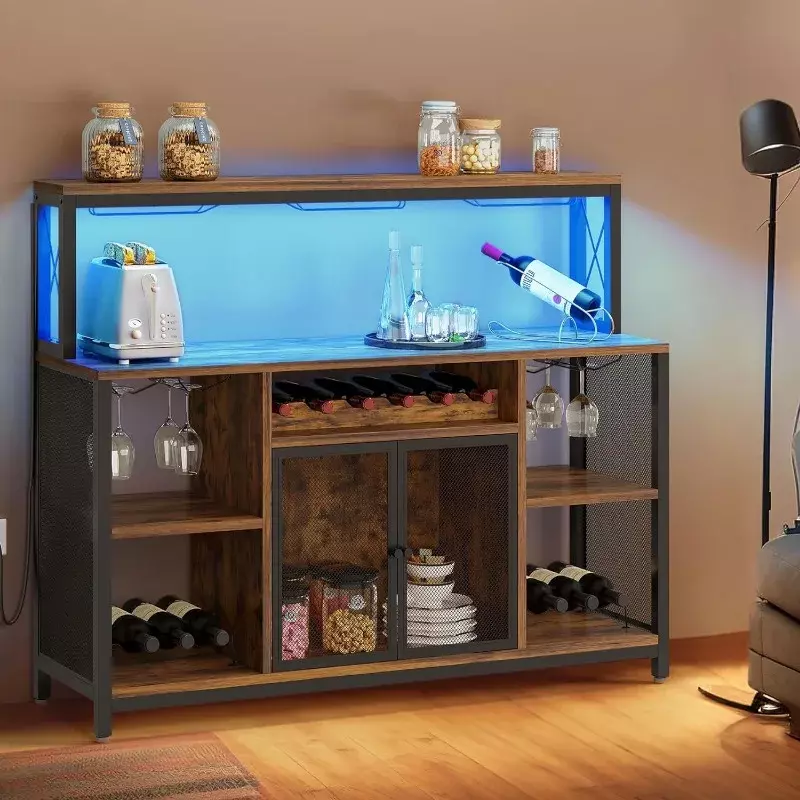Kabinet Bar anggur kopi dengan lampu LED, kabinet minuman keras dengan penyimpanan untuk rumah, kabinet prasmanan industri meja Bar 55"