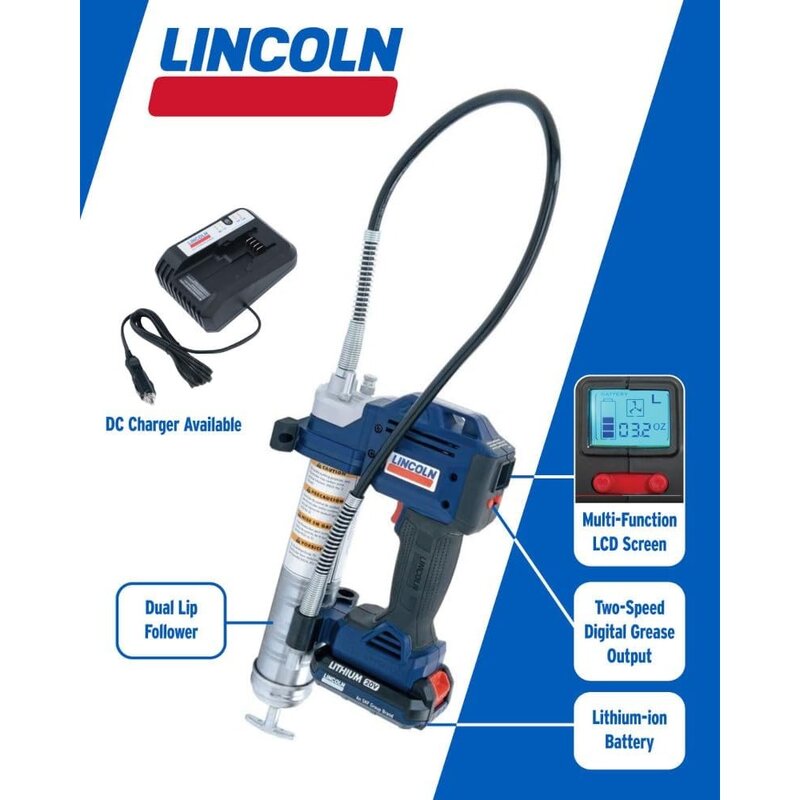 Lincoln 1884 PowerLuber 20 Volt Battery Powered Grease Gun with 36" Hose for Automotive, Agricultural, and Industrial Equipment