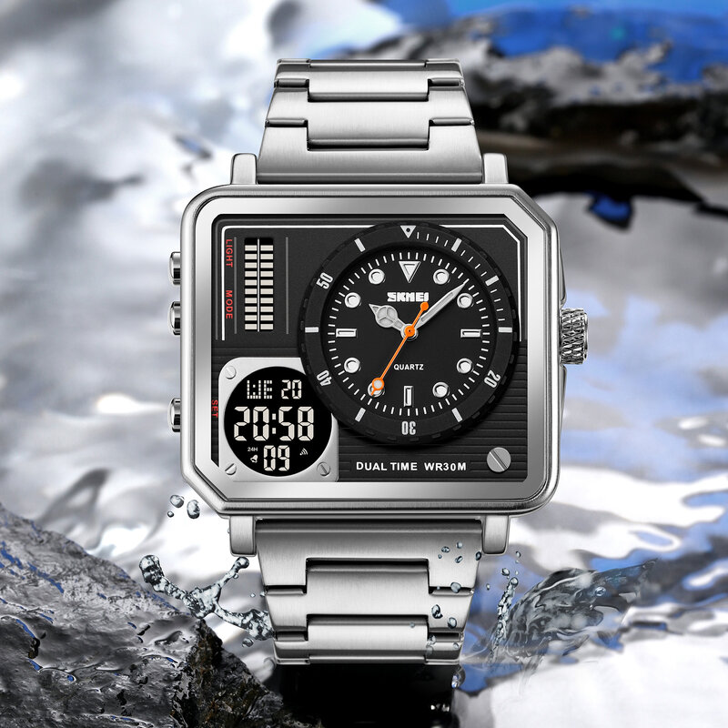 Skmei-relógio de pulso digital masculino, analógico, em aço, com luz traseira, 2 horas, impermeável, casual, 2020